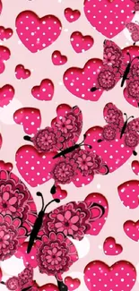 Pink and floral butterfly heart wallpaper.