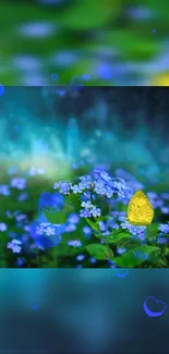 Yellow butterfly resting on blue flowers in a serene nature setting.