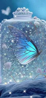 Blue butterfly in magical, sparkling setting with floral accents.