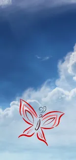 Red butterfly with blue sky and clouds wallpaper.