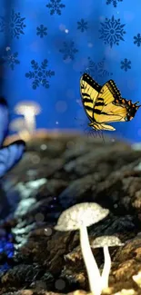 Yellow butterfly and glowing mushrooms on a blue fantasy background.