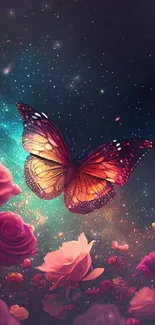 Vivid butterfly in starlit enchanted garden wallpaper.