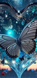 Butterflies inside a glowing blue glass heart.