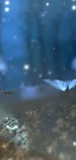 Butterflies in a mystical blue forest scene with glowing lights.