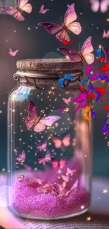 Mobile wallpaper with butterflies in a glowing jar on a book.