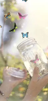 Hands releasing butterflies from a jar with a soft, natural background.