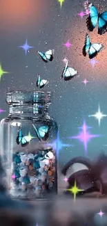 Butterflies escape from a jar against a dreamy blue background.