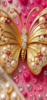 Golden butterfly with pearls and hearts design.