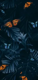 Colorful butterflies on dark leaves wallpaper.