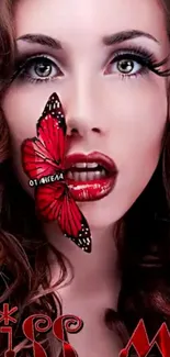 Woman with a red butterfly on her face, artistic wallpaper design.