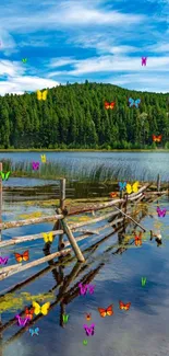 Vibrant butterflies flutter over a tranquil lake with lush forest backdrop.