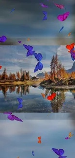 Lakeside mobile wallpaper with butterflies in vibrant autumn colors.