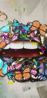 Artistic lips design with colorful butterflies on gray background.