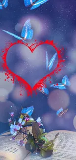 Blue butterflies surround a red heart on an open book.