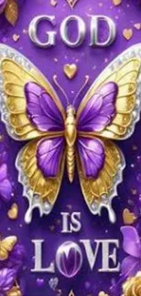 Purple and gold butterfly with 'God is Love' text