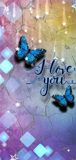 Vibrant wallpaper with blue butterflies and 'I Love You' text on a colorful background.