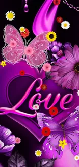 Beautiful wallpaper with purple butterflies and love text.