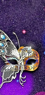 Butterfly mask with cosmic galaxy background on mobile wallpaper.