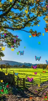 Colorful butterflies flying over a sunny meadow with clear blue sky and trees.