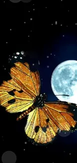 Vibrant butterfly with moonlit backdrop on a dark, starry wallpaper.