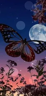 Butterfly silhouetted against a moonlit sky with wildflowers.