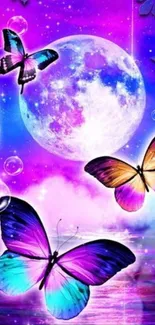 Colorful butterflies on a moonlit night with vibrant purple hues.