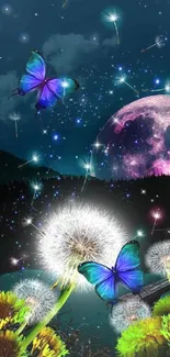 Fantasy wallpaper with butterflies, dandelions, and purple moonlit sky.