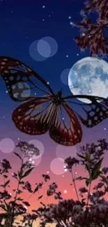 Silhouette of a butterfly against a moonlit night sky with floral details.