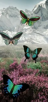 Vibrant butterflies over a mountain landscape with flowers in full bloom.