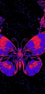 Neon butterfly wallpaper with purple and red hues.