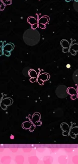 Neon butterfly pattern on black background with pink accents.