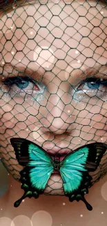 Woman with butterfly mask under netting on face wallpaper.