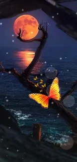 Vivid butterfly on tree, moonlit ocean background.