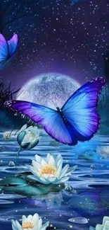 Blue butterfly on serene moonlit night with water lilies.