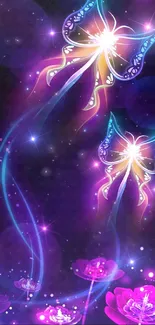 Fantasy wallpaper with glowing butterflies and purple night flowers.