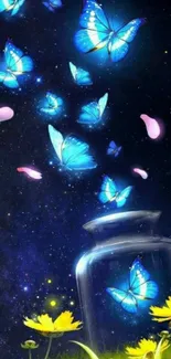 Mobile wallpaper of blue butterflies against a starry night sky.