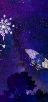 Butterfly and stars in a dark blue galaxy wallpaper.