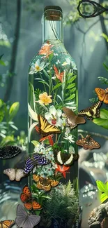 Vibrant butterflies surround a lush botanical garden in a glass bottle.