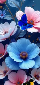 Blue butterfly on pink and blue flowers wallpaper.