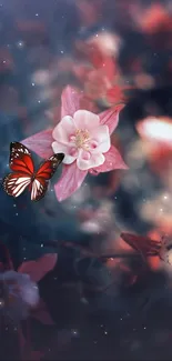 Red butterfly perched on pink flower on a dreamy, starry background.