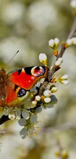 Vibrant butterfly perched on white blossoms, surrounded by blurry flowers.