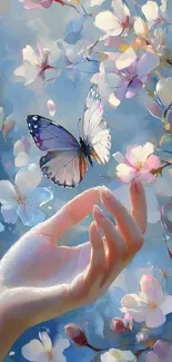 A delicate butterfly rests on a blossoming flower with a hand reaching towards it.