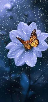 A butterfly rests on a blue flower in a serene nature scene.