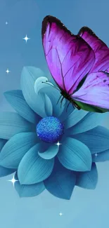 Purple butterfly on blue flower wallpaper art.