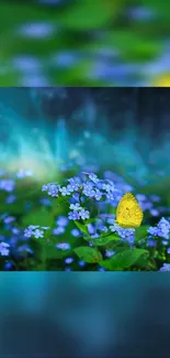 Yellow butterfly on blue flowers background.