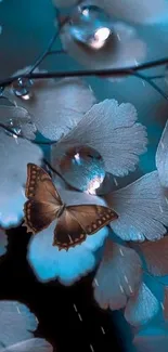 Butterfly resting on blue leaves with dewdrops, enchanting mobile wallpaper.