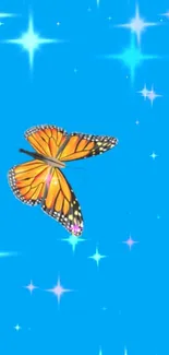 Orange butterfly on blue sparkling background with vibrant colors.