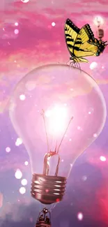 Yellow butterfly rests on a glowing bulb with a pink sky backdrop.