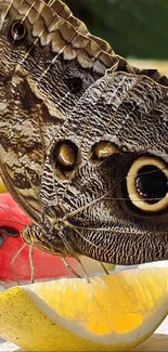 Close-up of a butterfly on a citrus slice with vibrant details and colors.