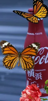 Butterflies and flowers on a red Coke bottle wallpaper.